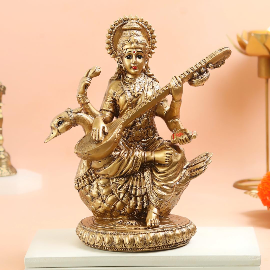 Saraswati Maa Idol | 8 Inch | Statue | Murti | Gold Resin Idol | Vasant Panchami | Sitting On Swan | Big |