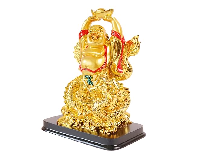 Golden Laughing Buddha Holding Ingot on Dragon  6.5 inch