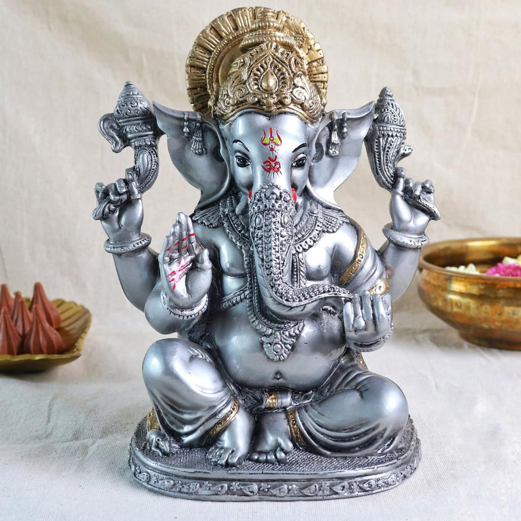 Ganesh Ji Decoration Items for Home | 8 Inch | Murti | Ganpati Idol  | Silver & Golden | Ideal for Gifting