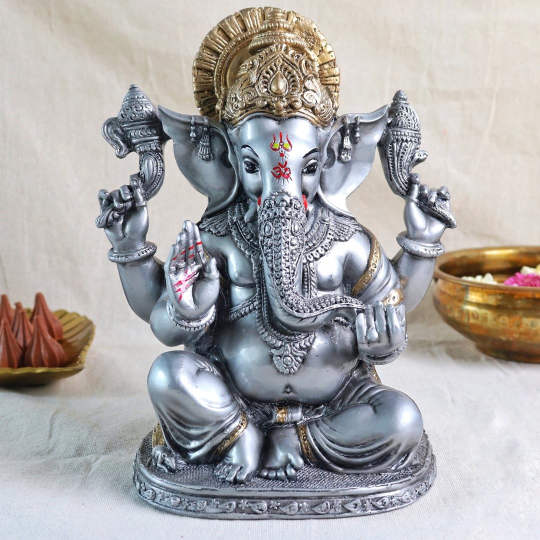 Ganesh Ji Decoration Items for Home | 8 Inch | Murti | Ganpati Idol  | Silver & Golden | Ideal for Gifting