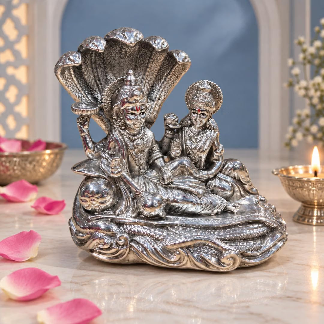 999 Pure Silver Plated Vishnu Laxmi Idol | 3 Inch | Sheshnag Lakshmi Narayan Murti | Statue | Home Temple |