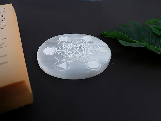 Natural Selenite Seven Chakra Symbols & Meditative State Charging Plate