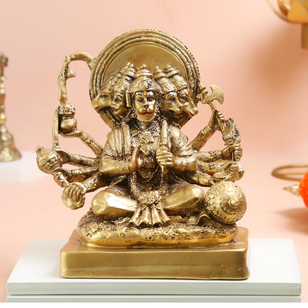 Panchmukhi Hanuman Ji Ki Murti | 6.5 Inch | Idol | Resin Statue for Home Decor | God Idols for | Figurine | Golden |