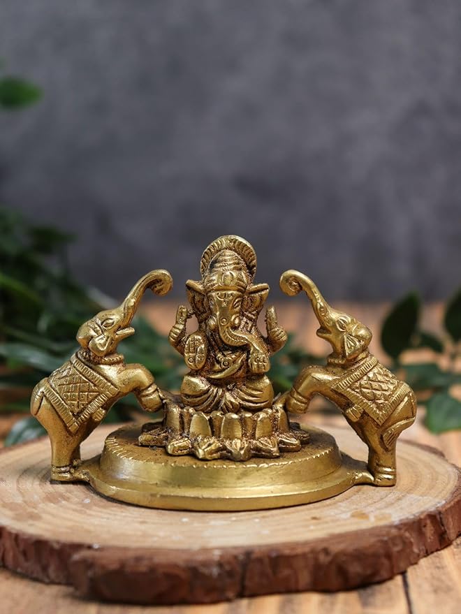 Lord Ganesh Ji Idol with Twin Elephants on Lotus (Brass) 3 inch