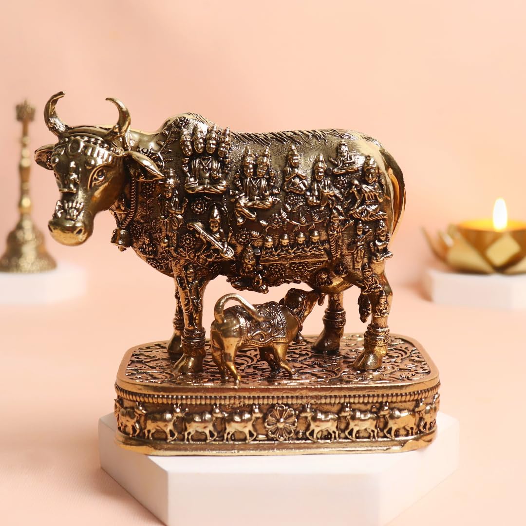 Nandi Idol Brass | 5 Inch | Pital Ka Gay Bachda | Big Size | Statue | Kamadhenu Cow with Engraved Gods and Goddesses | वास्तु उपाय |