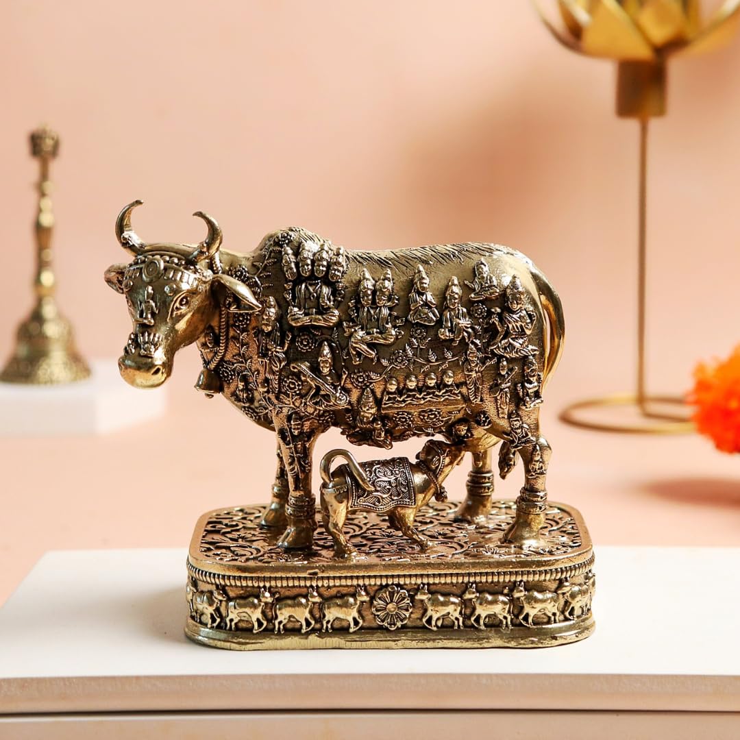 Nandi Idol Brass | 5 Inch | Pital Ka Gay Bachda | Big Size | Statue | Kamadhenu Cow with Engraved Gods and Goddesses | वास्तु उपाय |