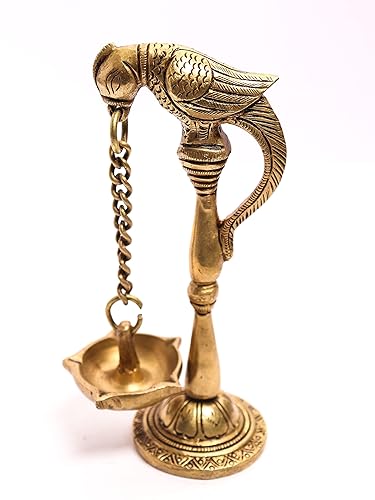 Ethnic Parrot with Carved Legs Five Oil Wick Brass Diya