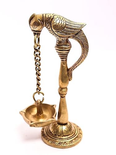 Ethnic Parrot with Carved Legs Five Oil Wick Brass Diya - Pack of 2