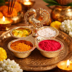 Kumkum Holder with Peacock Handle | 3.5 Inch | Decorative Dani 4 Bowl Stand | Pooja Thali for Roli Chawal Haldi |