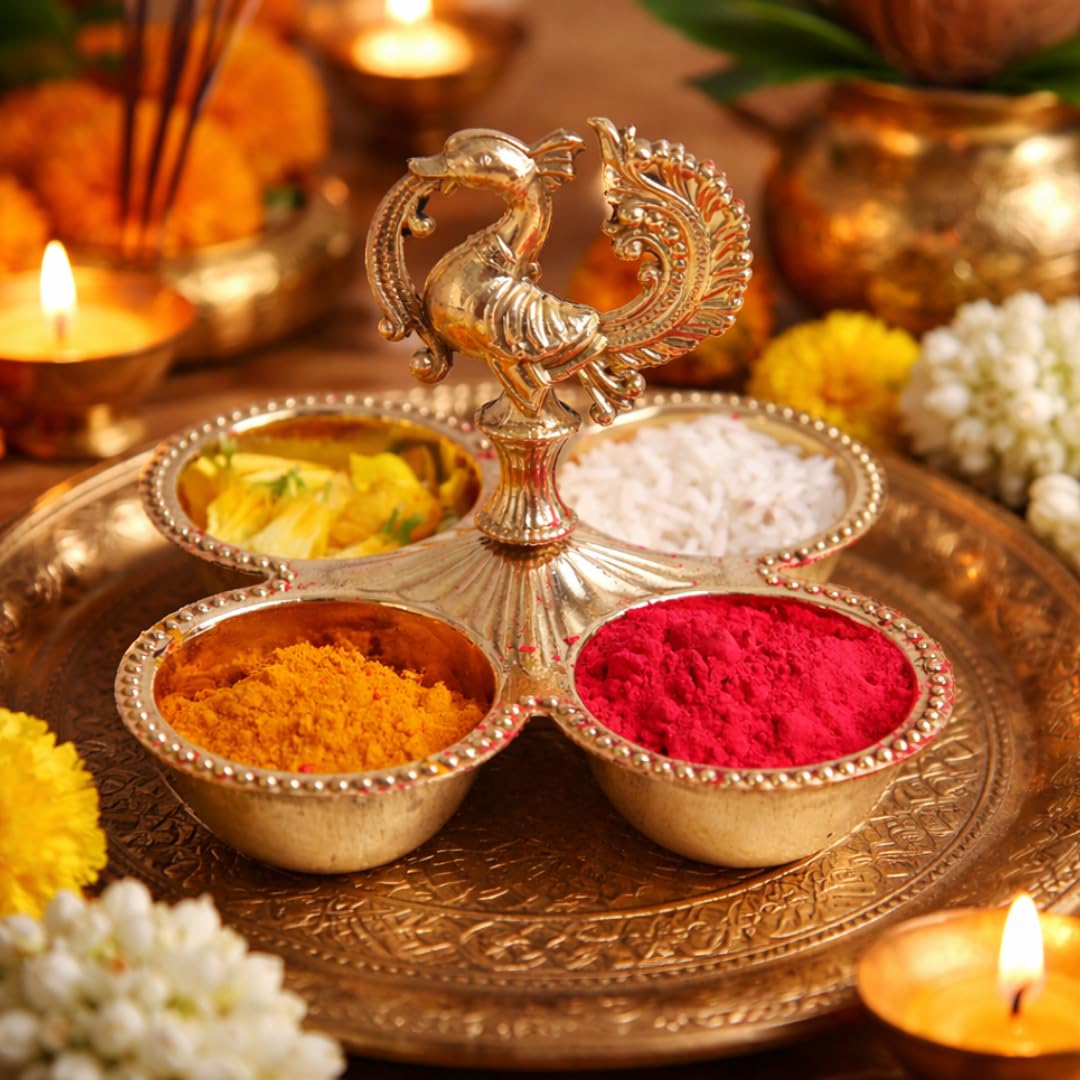 Kumkum Holder with Peacock Handle | 3.5 Inch | Decorative Dani 4 Bowl Stand | Pooja Thali for Roli Chawal Haldi |