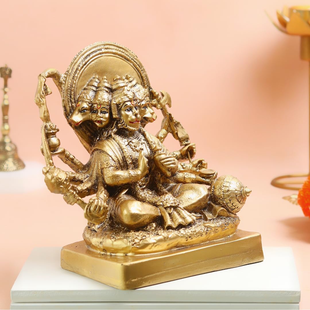 Panchmukhi Hanuman Ji Ki Murti | 6.5 Inch | Idol | Resin Statue for Home Decor | God Idols for | Figurine | Golden |