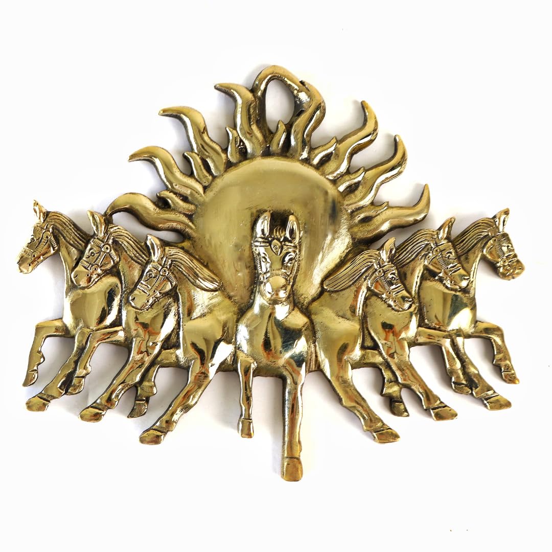 Brass 7 Horses with Rising Sun | 8.5 Inch | Seven Running Horses with Sunrise |