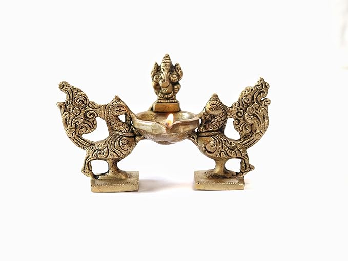 Brass Two Peacock and Ganpati in Middle Showpiece Diya
