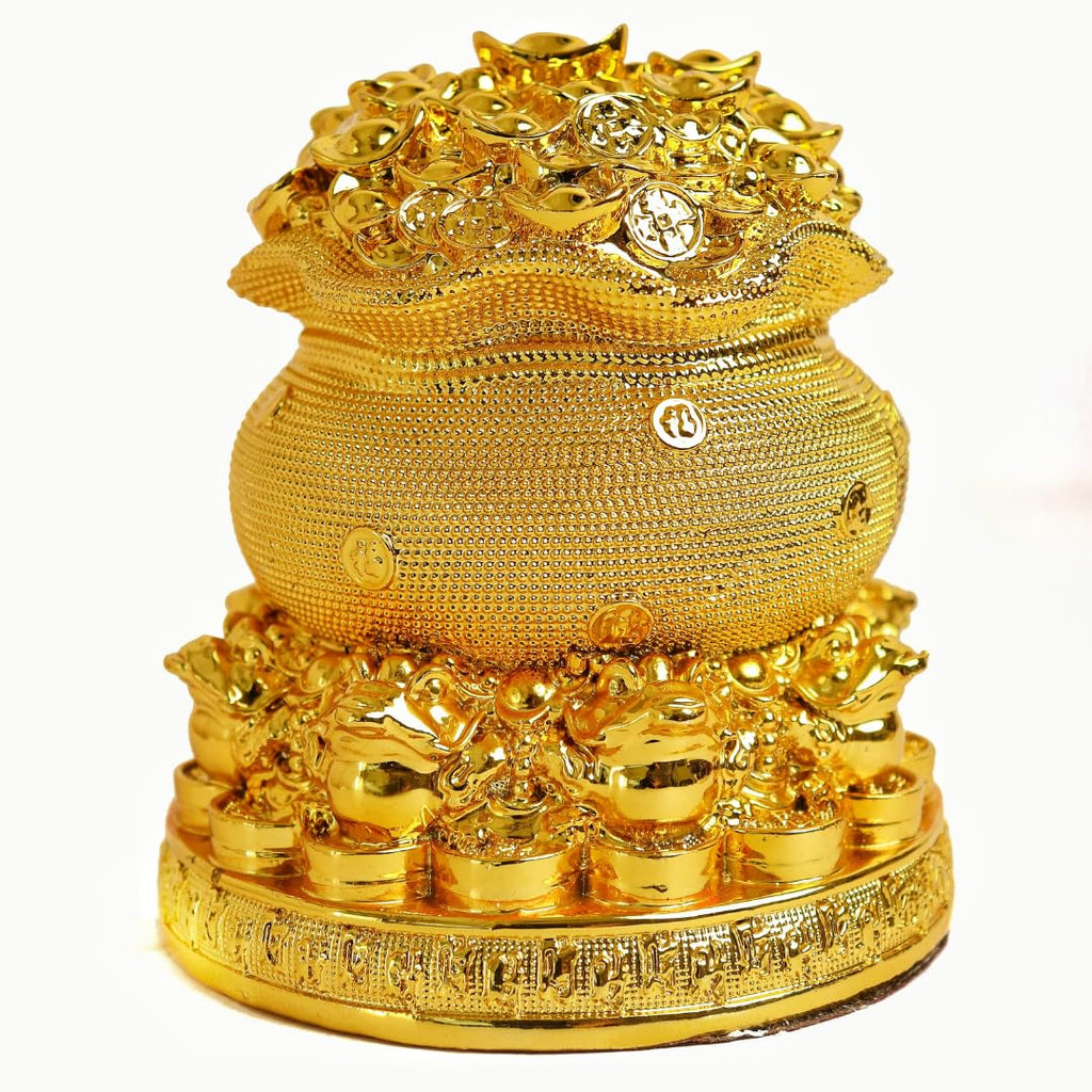 Feng Shui Wealth Bag with Gold Ingots & Coins | 5 Inch | Lucky Fortune Yuan Bao Statue|