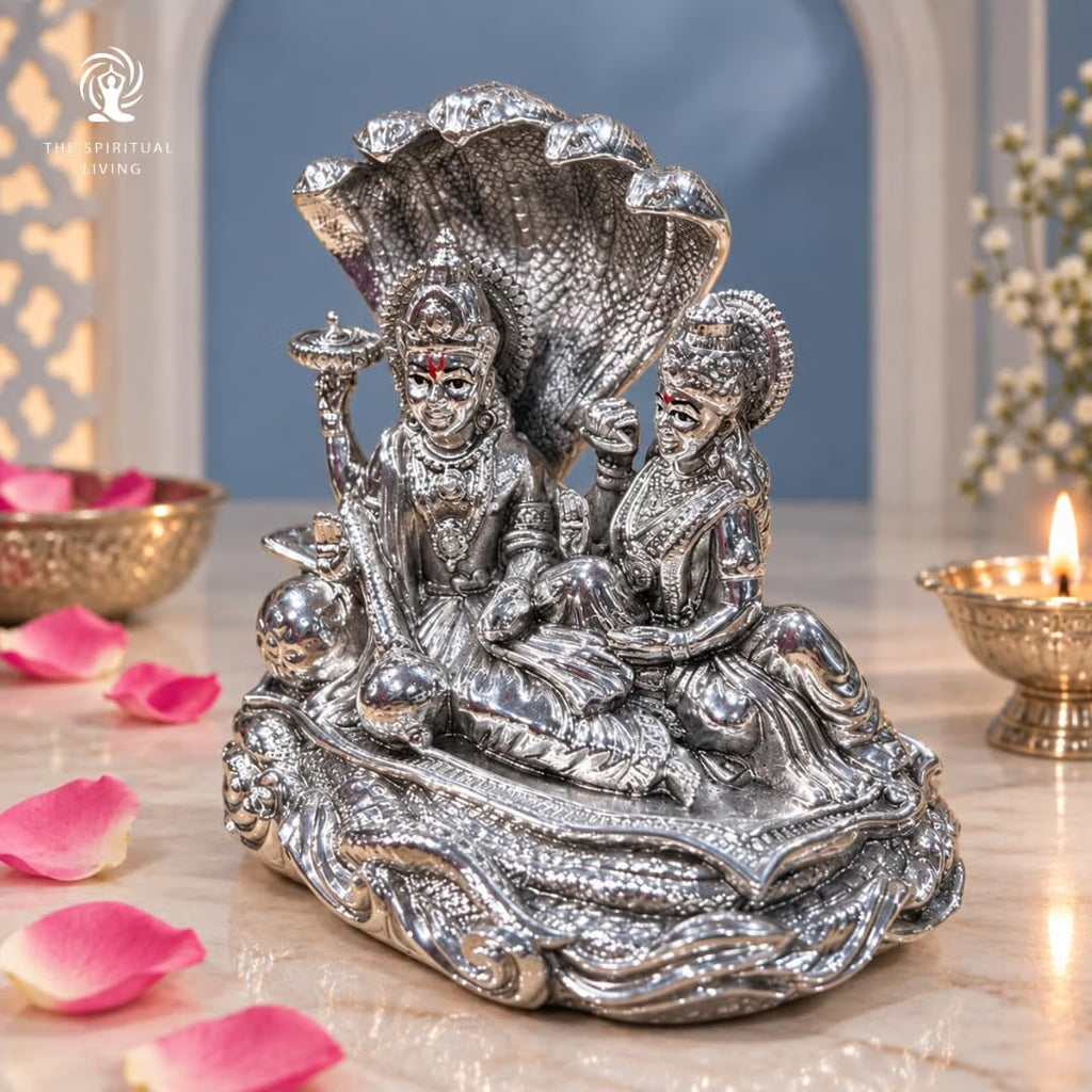 999 Pure Silver Plated Vishnu Laxmi Idol | 3 Inch | Sheshnag Lakshmi Narayan Murti | Statue | Home Temple |