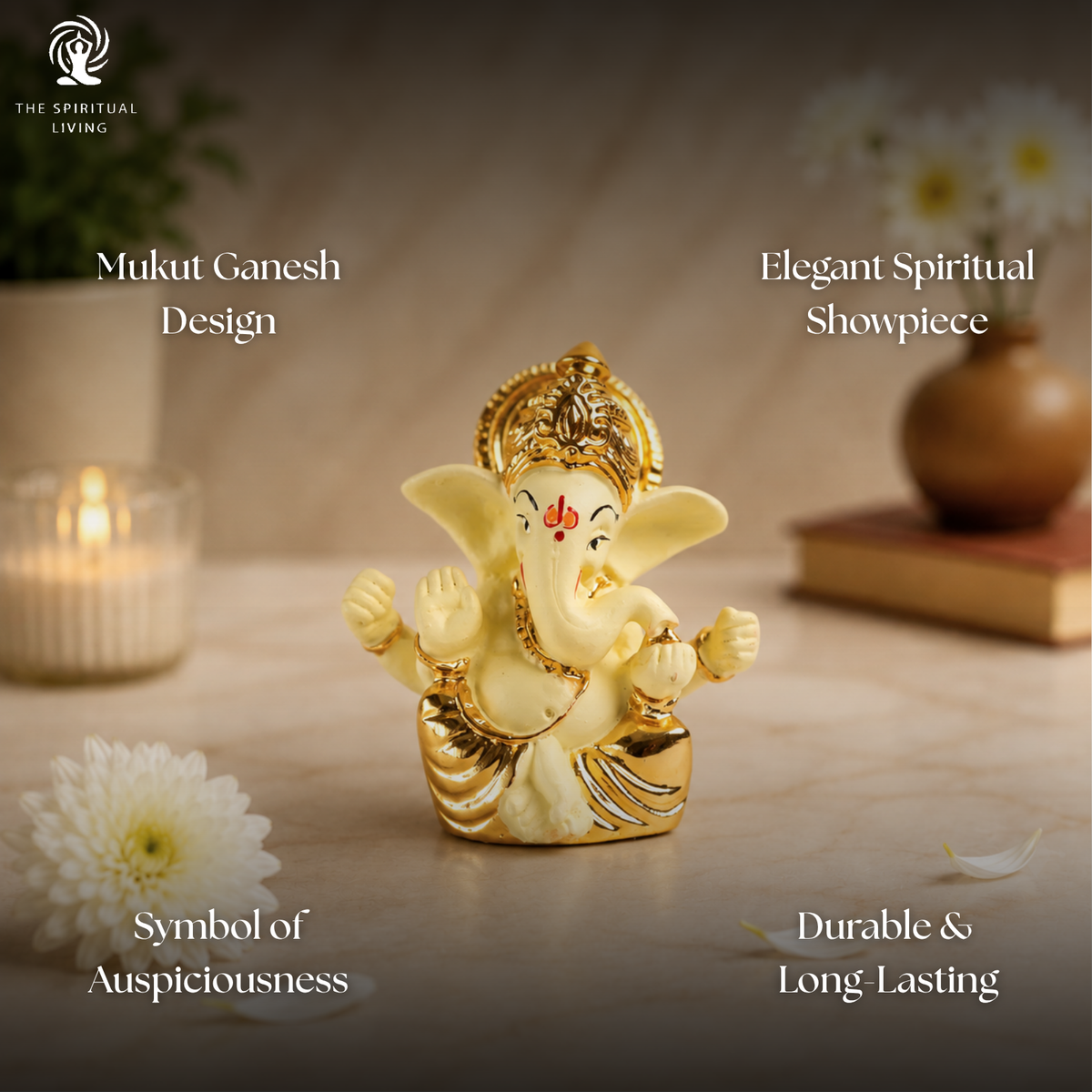 Gold Plated Mukut Ganesh Idol for Car Dashboard | 2.5 Inch | Home Decor | Office | Showpeice | Housewarming Gift |