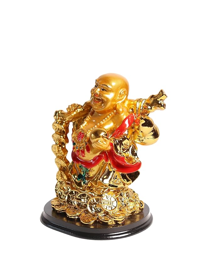 Laughing Buddha with Coin Chain and Wealth Pot in Hand - 5 Inch