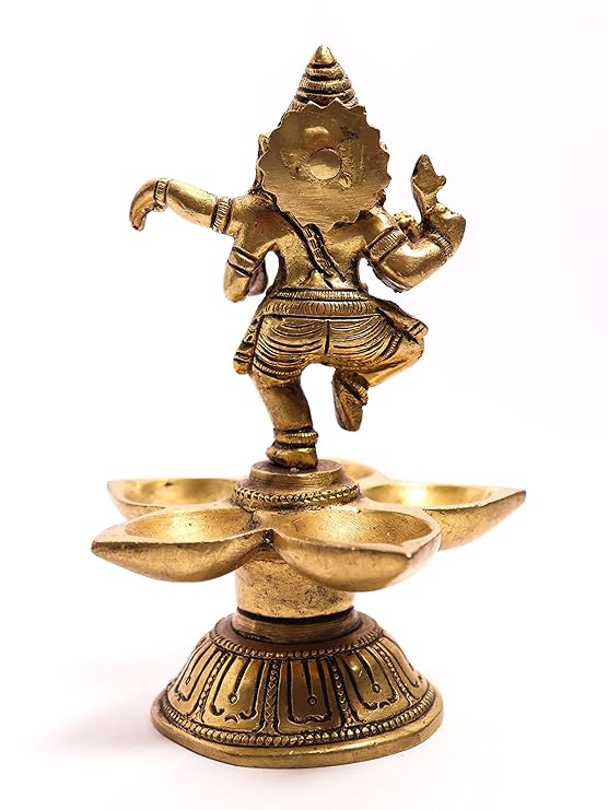Brass Dancing Ganpati Style Five Oil Wick Brass Diya