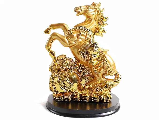 Golden Jumping Horse On Sack of Ingots & Coin