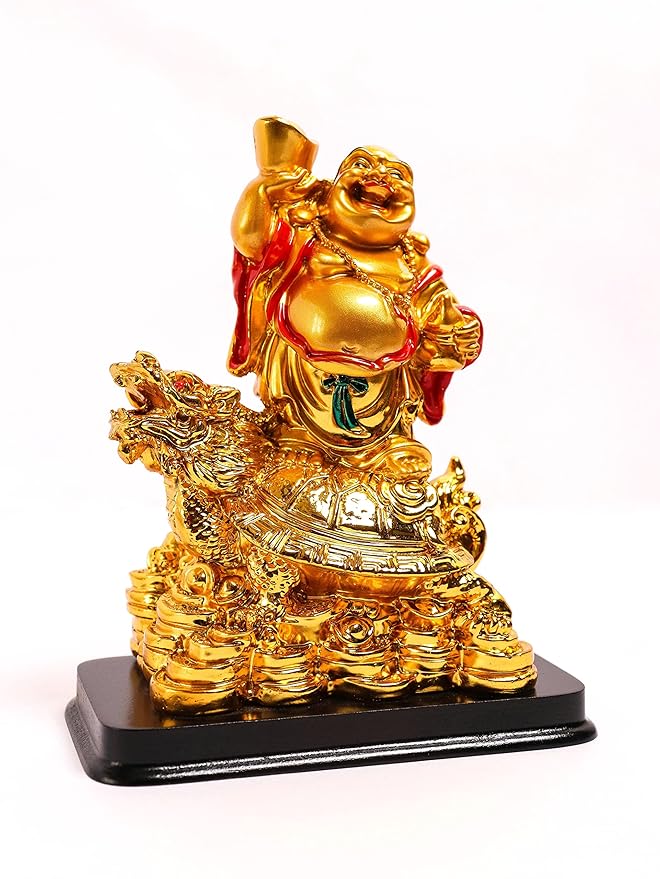 Golden Laughing Buddha Holding Ingot & Wu Lou Idol on Dragon - 6.5 Inch