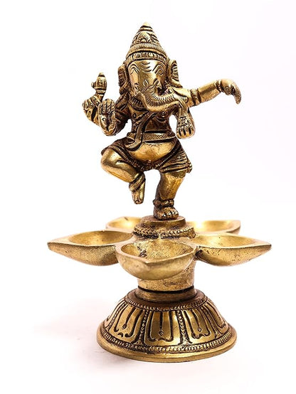 Dancing Ganpati Style Five Oil Wick Brass Diya