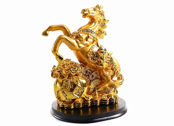 Golden Jumping Horse On Sack of Ingots & Coin