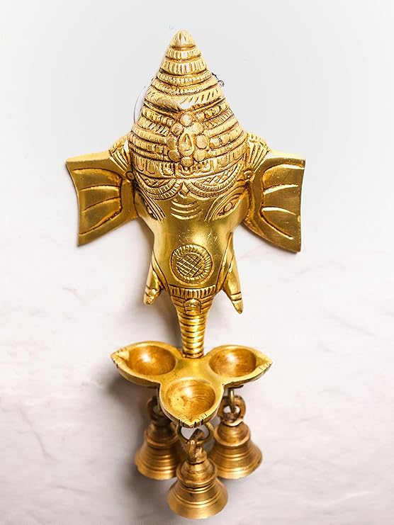 Brass Ganpati Style Three Oil Wick Diya with Bells - 9 Inch