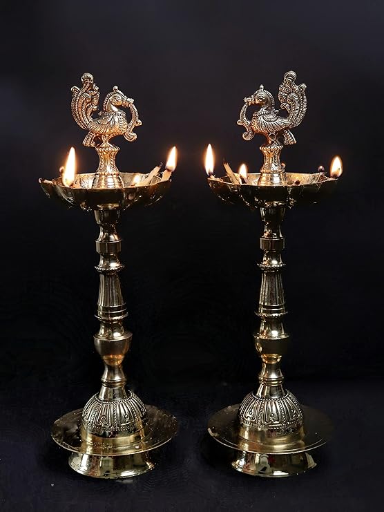Brass Peacock Oil Wick Diya - 13 Inch - Pack of 2