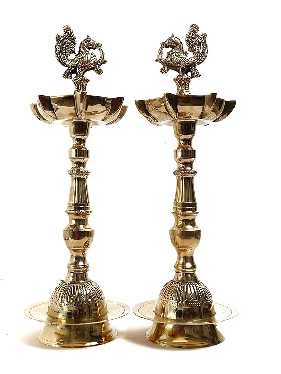 Brass Peacock Oil Wick Diya - 9 Inch - Pack of 2