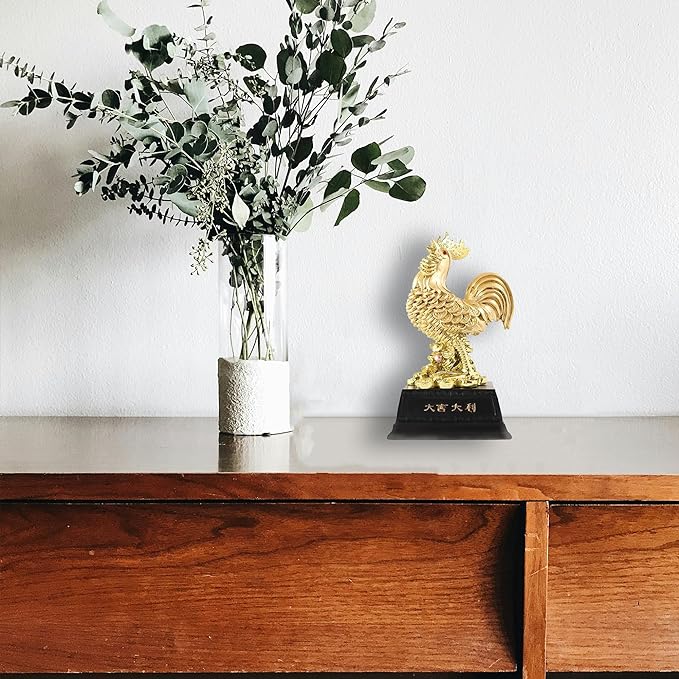 Rooster Statue on Coins & Ingot - 7 Inch