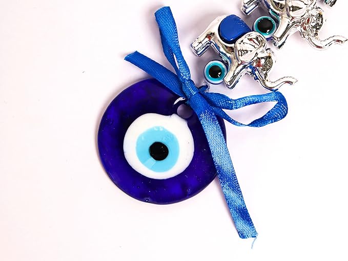 Evil Eye Wall Hanging with 5 Elephants - 8 Inch