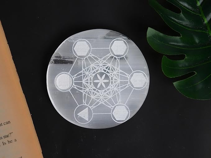 Natural Selenite Seven Chakra Symbols & Meditative State Charging Plate