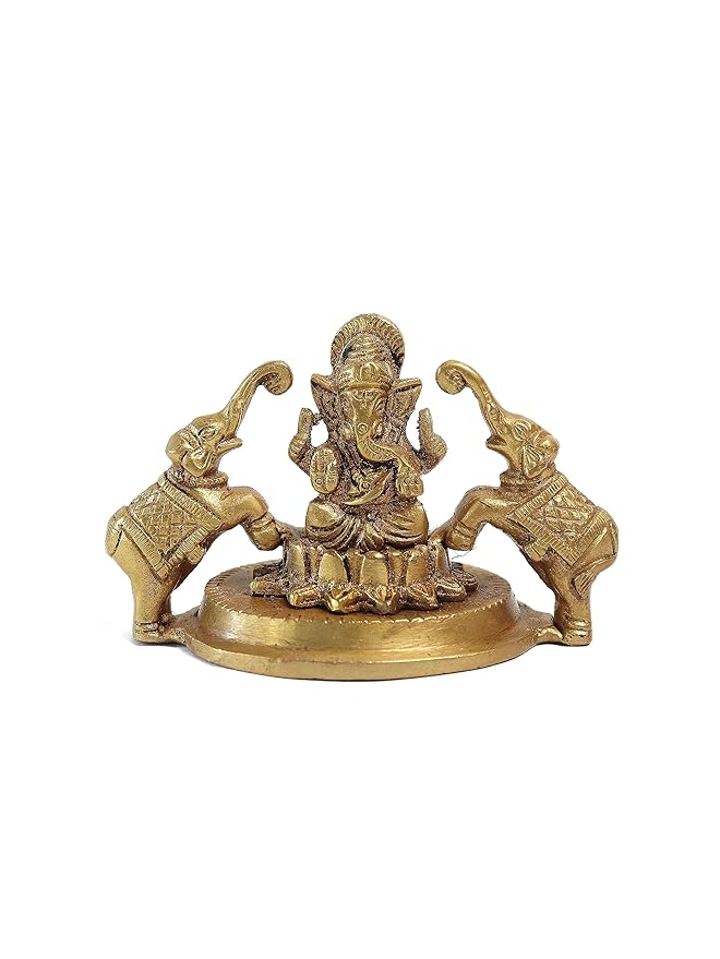 Lord Ganesh Ji Idol with Twin Elephants on Lotus (Brass) 3 inch