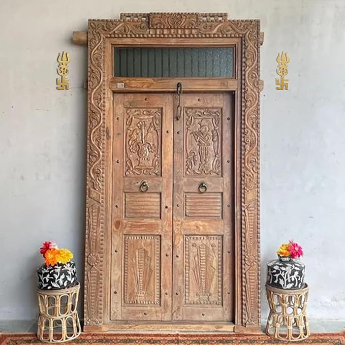 Brass Om Swastik Trishul for Main Door - 5 Inch - 2 Pcs Set