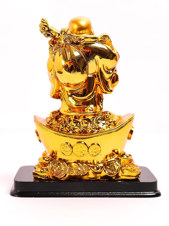 Golden Laughing Buddha with Fan and Wu Lou & Coins 6.5 inch