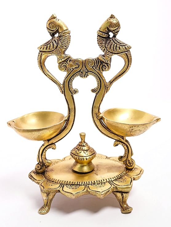 Brass Twin Peacock Oil Wick Diya - 7 Inch