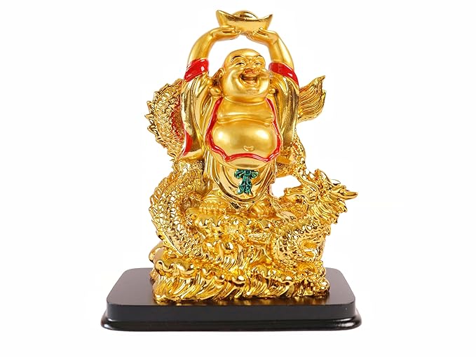 Golden Laughing Buddha Holding Ingot on Dragon  6.5 inch