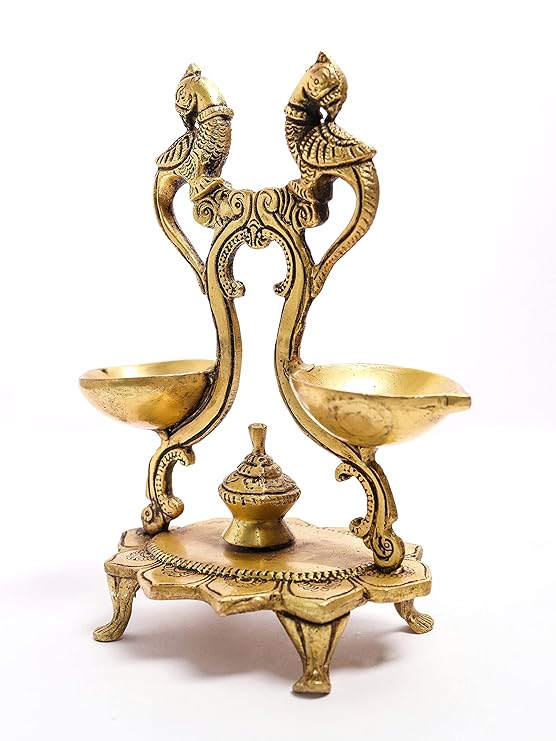 Brass Twin Peacock Oil Wick Diya - 7 Inch