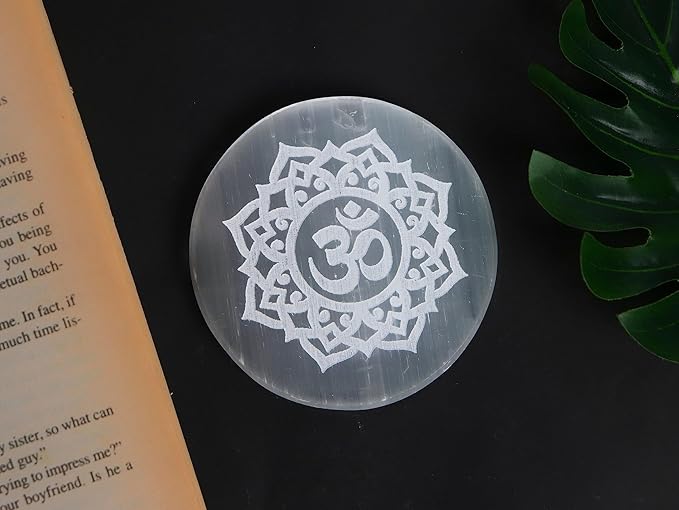 Natural Selenite Om Charging Plate