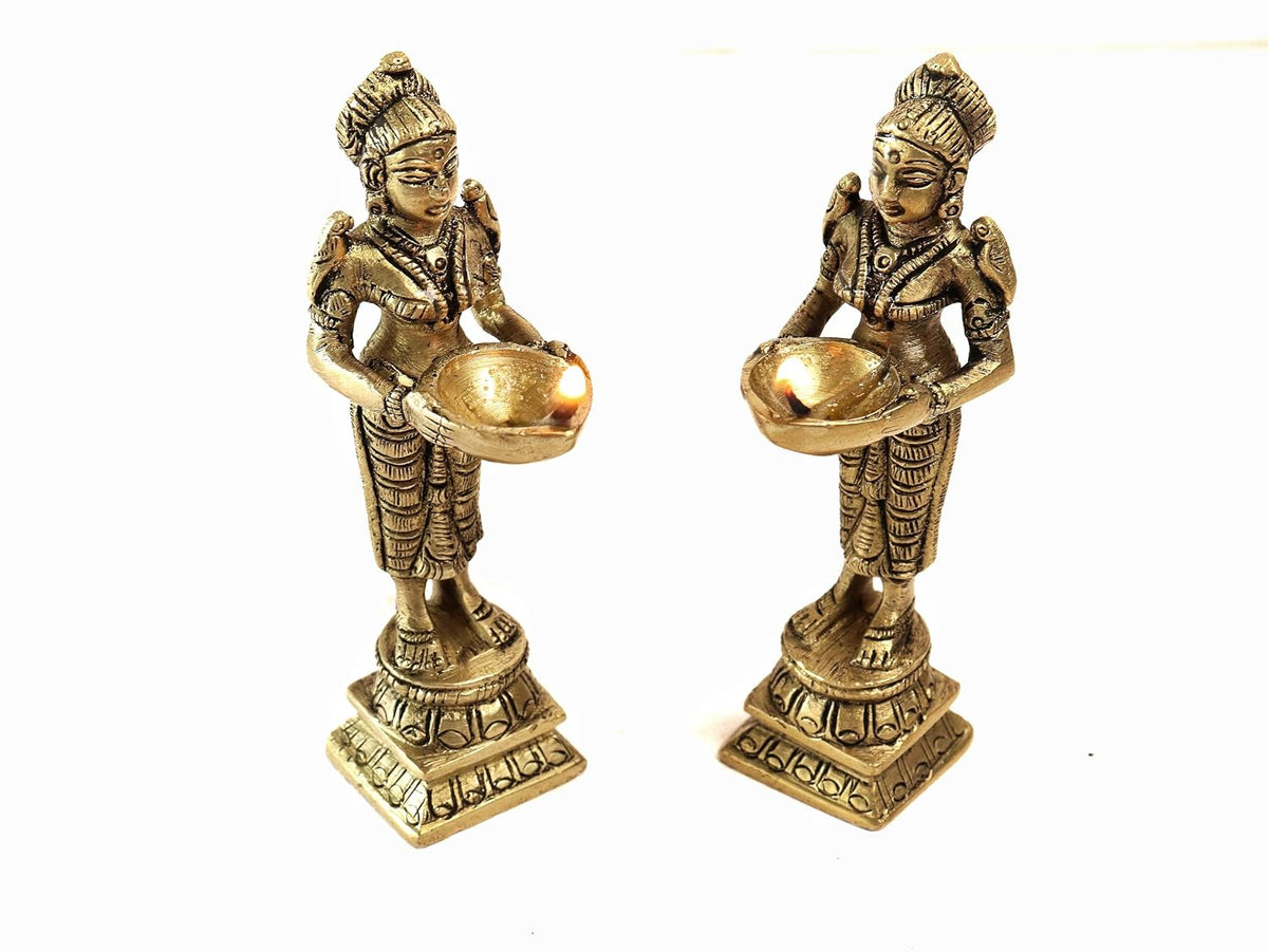 Brass Deepalakshmi Lady Diya | Laxmi Vilakku | 4 Inch | Welcome Stand | 2 Pcs |