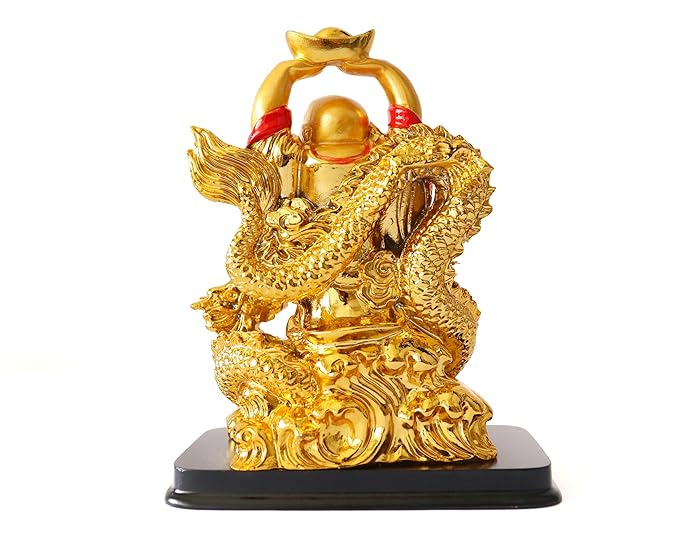Golden Laughing Buddha Holding Ingot on Dragon  6.5 inch
