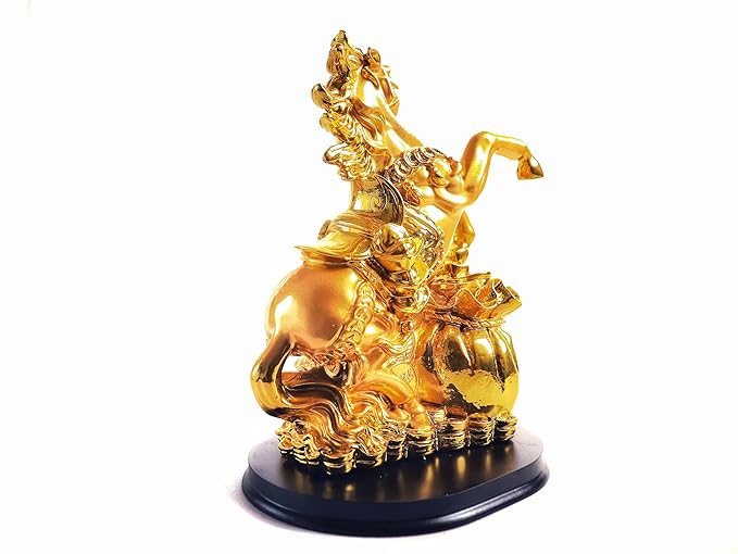 Golden Jumping Horse On Sack of Ingots & Coin