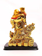 Golden Laughing Buddha Holding Ingot & Wu Lou Idol on Dragon - 6.5 Inch