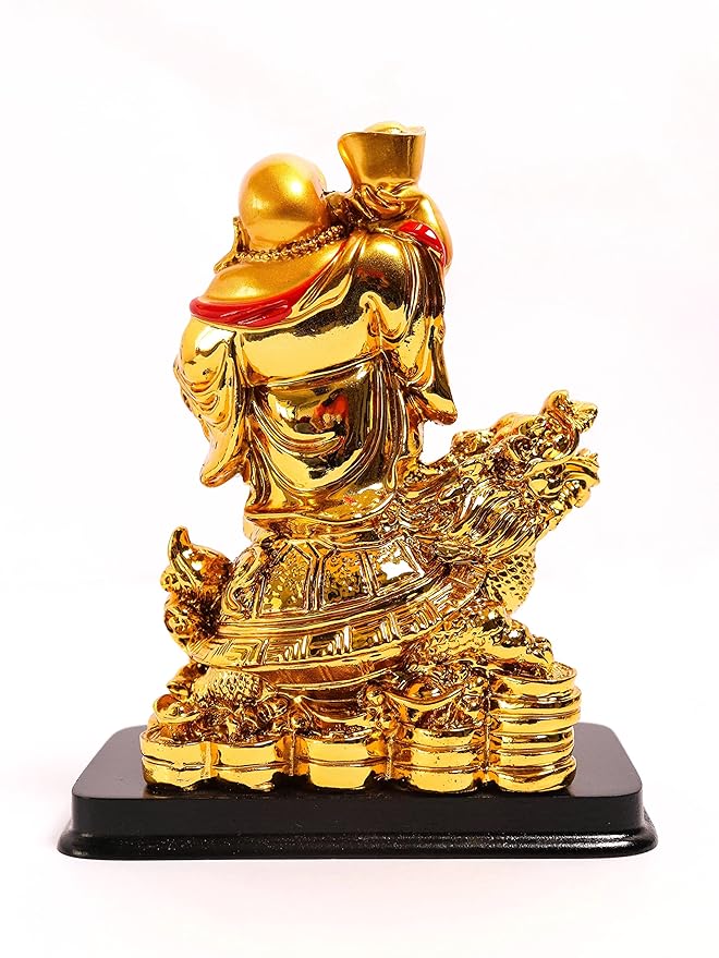 Golden Laughing Buddha Holding Ingot & Wu Lou Idol on Dragon - 6.5 Inch