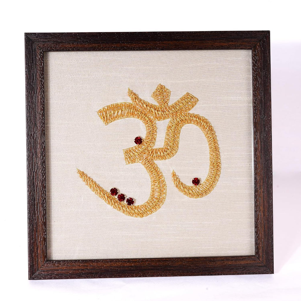 Om Wall Decor | 9.5 Inch | Hanging Wooden Decor For Pooja Room |Table Top | ॐ | Pooja Room |  Zari Art Work Wall Decor |