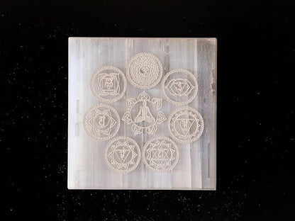 Natural Selenite Seven Chakra Symbols & Meditative State Charging Plate