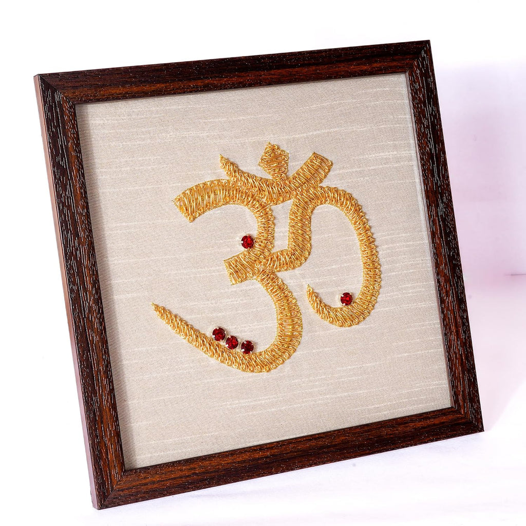 Om Wall Decor | 9.5 Inch | Hanging Wooden Decor For Pooja Room |Table Top | ॐ | Pooja Room |  Zari Art Work Wall Decor |