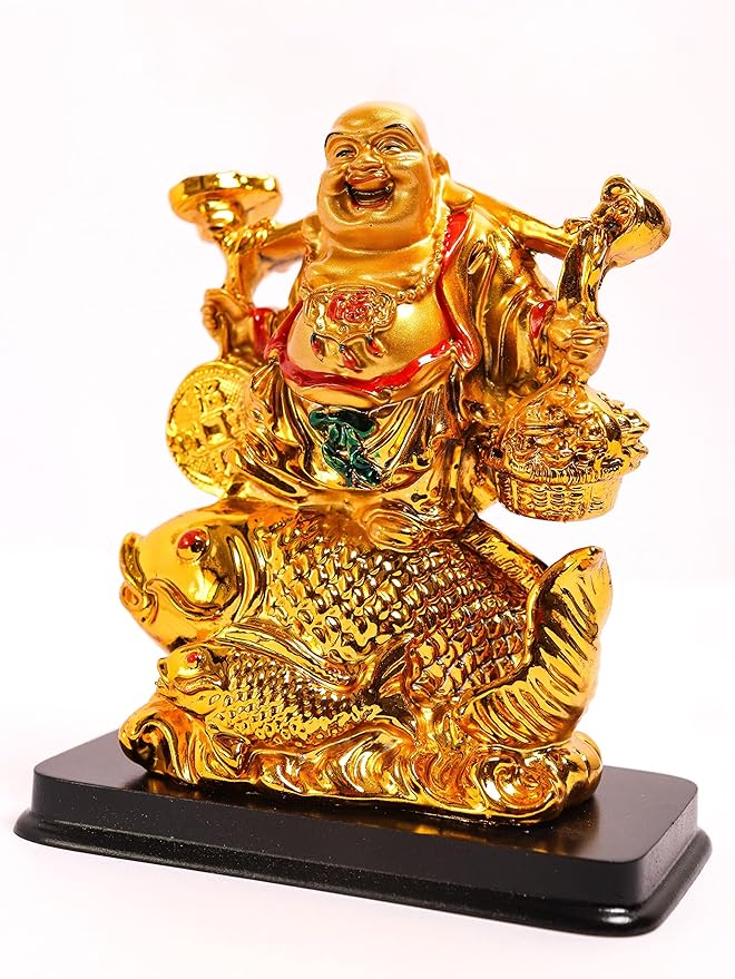 Golden Laughing Buddha on Fish  6.5 inch