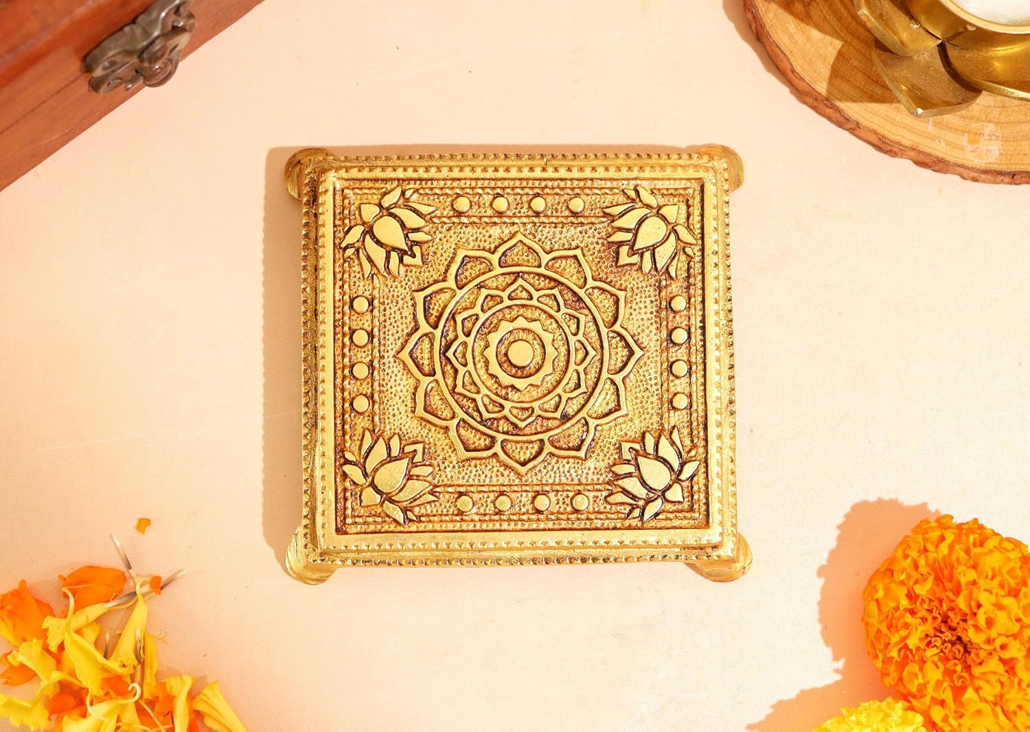 Brass Intricate Floral God Idol Chowki - 4 Inch