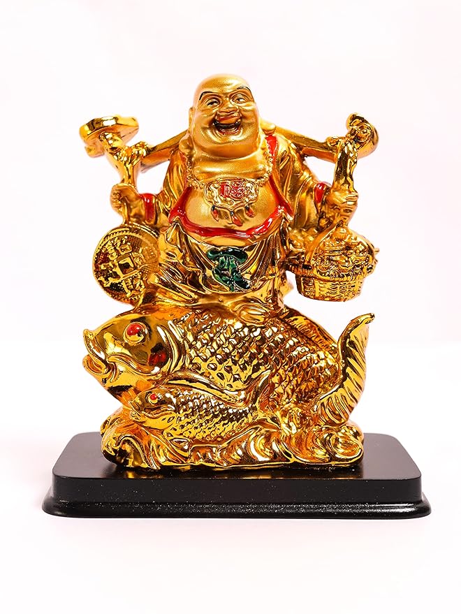 Golden Laughing Buddha on Fish  6.5 inch